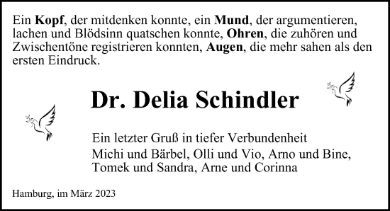 Traueranzeige von Delia Schindler von Hamburger Abendblatt