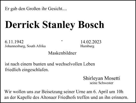 Traueranzeige von Derrick Stanley Bosch von Hamburger Abendblatt