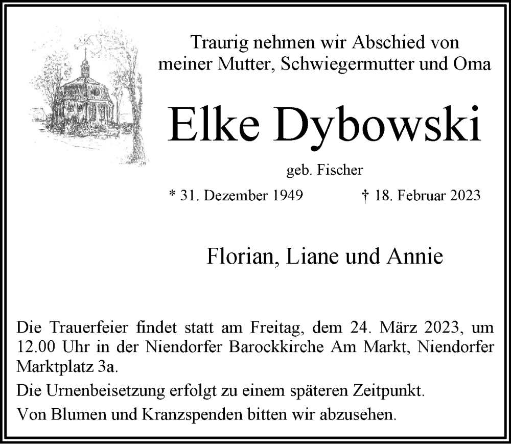  Traueranzeige für Elke Dybowski vom 11.03.2023 aus Niendorfer Wochenblatt