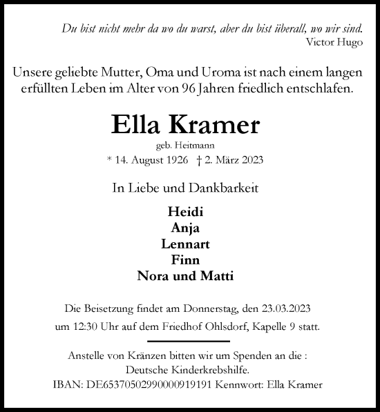 Traueranzeige von Ella Kramer von Hamburger Abendblatt