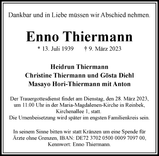 Traueranzeige von Enno Thiermann von Hamburger Abendblatt