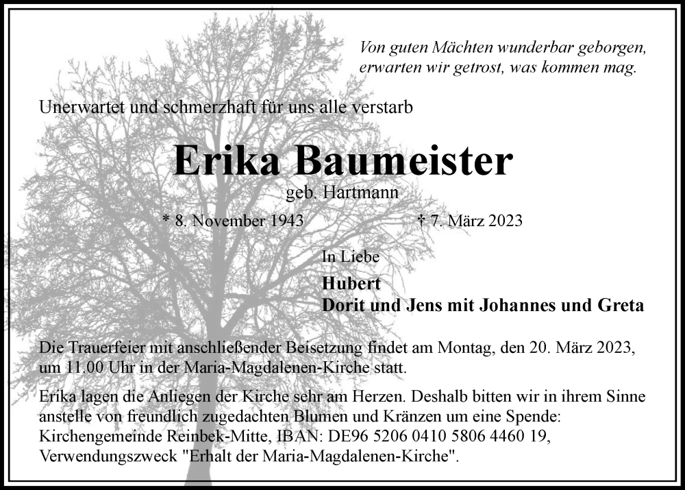 Traueranzeige für Erika Baumeister vom 14.03.2023 aus Bergedorfer Zeitung