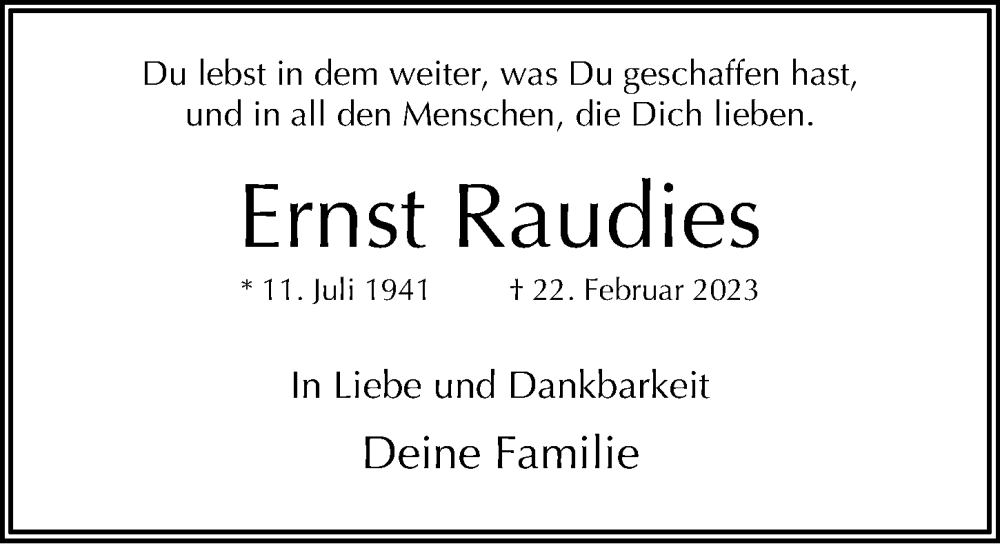  Traueranzeige für Ernst Raudies vom 11.03.2023 aus Niendorfer Wochenblatt