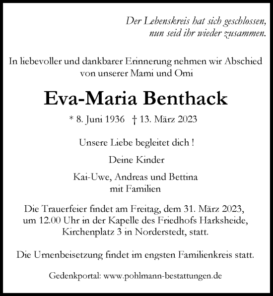 Traueranzeige von Eva-Maria Benthack von HA Regio Norderstedt