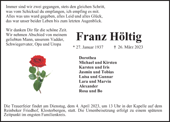 Traueranzeige von Franz Höltig von Bille Wochenblatt, Bergedorfer Zeitung