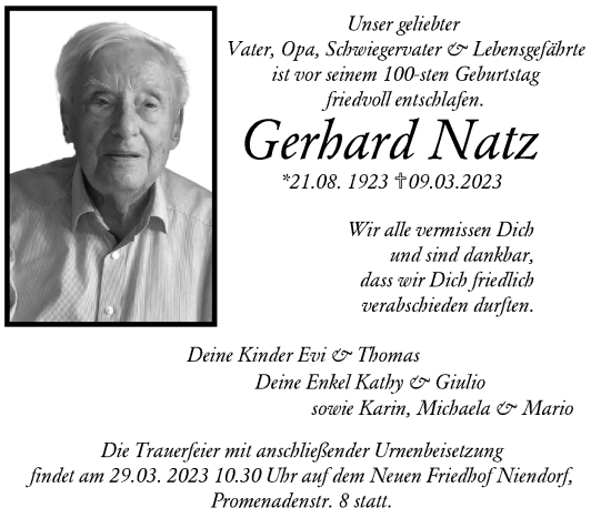 Traueranzeige von Gerhard Natz von Niendorfer Wochenblatt