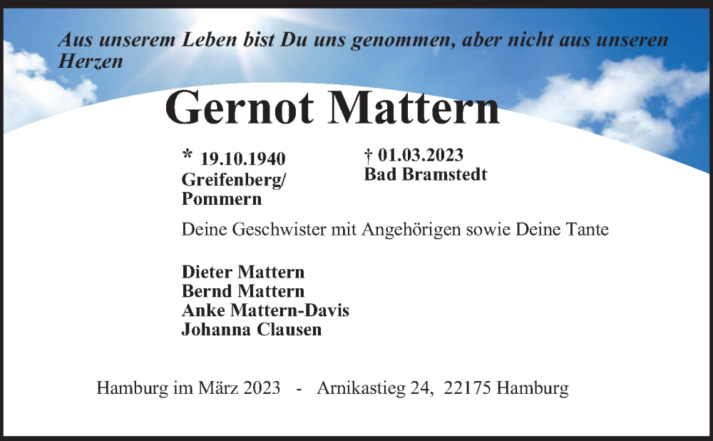  Traueranzeige für Gernot Mattern vom 09.03.2023 aus Hamburger Abendblatt