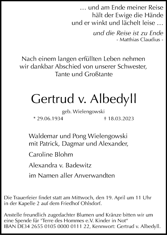 Traueranzeige von Gertrud v. Albedyll von Hamburger Abendblatt