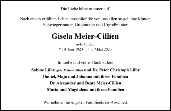 Traueranzeige von Gisela Meier-Cillien von Hamburger Abendblatt