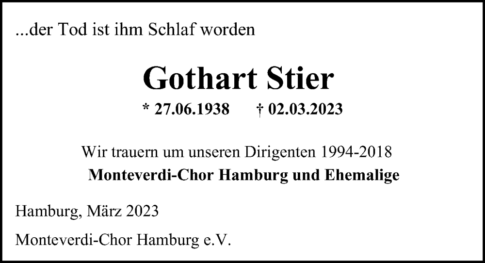  Traueranzeige für Gothart Stier vom 07.03.2023 aus Hamburger Abendblatt