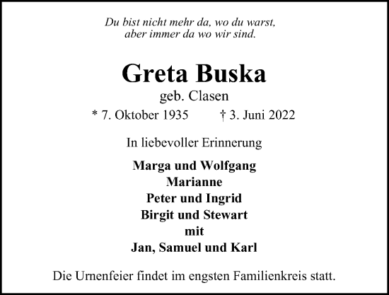 Traueranzeige von Greta Buska von Billstedt/Horn