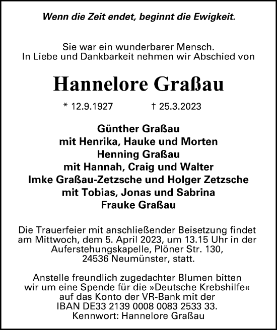 Traueranzeige von Hannelore Graßau von Hamburger Abendblatt