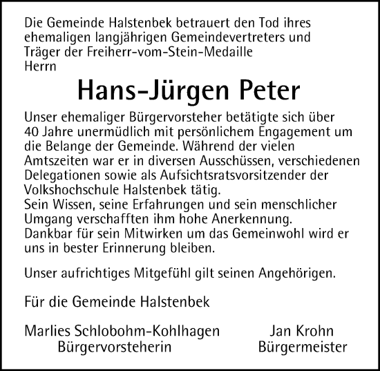 Traueranzeige von Hans-Jürgen Peter von Hamburger Abendblatt