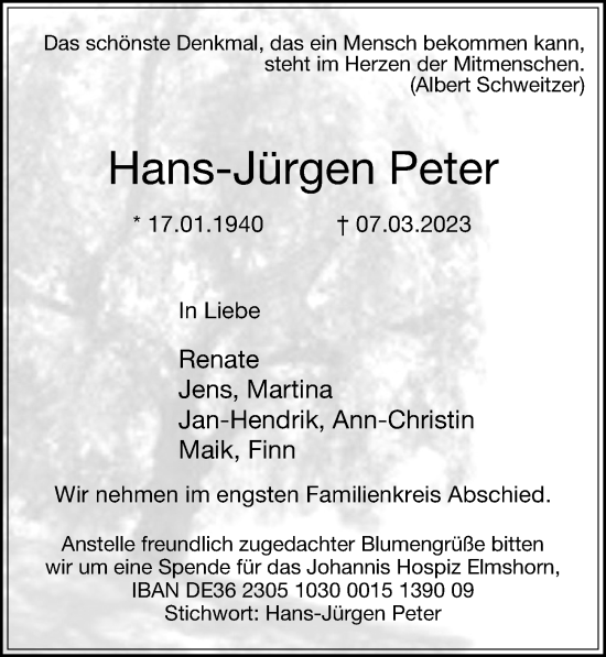 Traueranzeige von Hans-Jürgen Peter von HA Regio Pinneberg