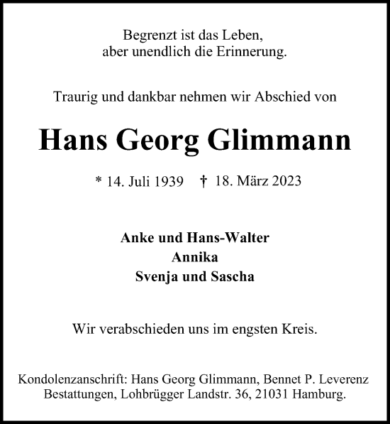 Traueranzeige von Hans Georg Glimmann von Bille Wochenblatt, Bergedorfer Zeitung