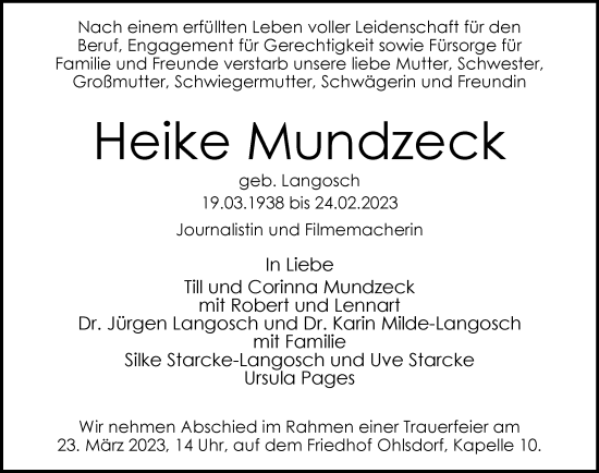 Traueranzeige von Heike Mundzeck von Hamburger Abendblatt