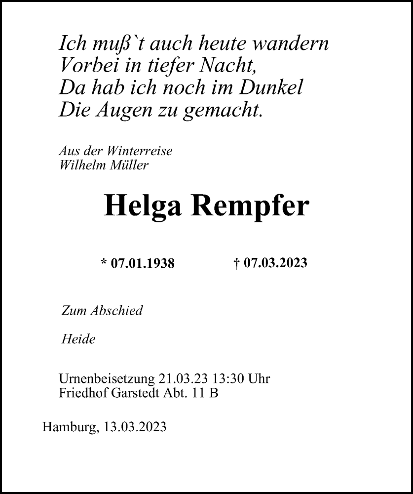  Traueranzeige für Helga Rempfer vom 15.03.2023 aus HA Regio Norderstedt