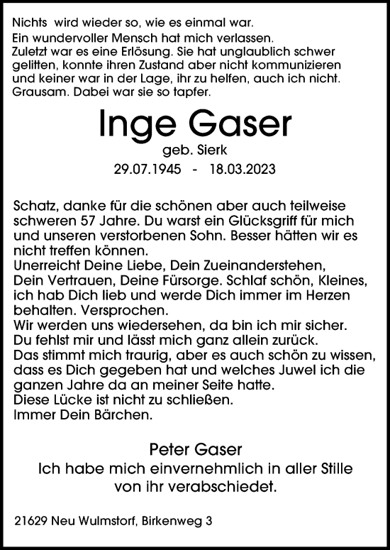 Traueranzeige von Inge Gaser von Hamburger Abendblatt