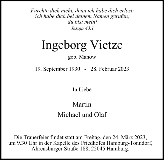 Traueranzeige von Ingeborg Vietze von Hamburger Abendblatt