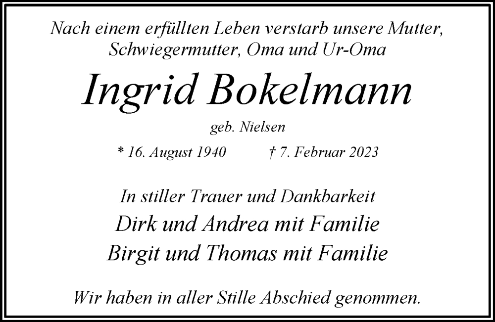  Traueranzeige für Ingrid Bokelmann vom 11.03.2023 aus Niendorfer Wochenblatt