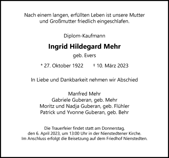 Traueranzeige von Ingrid Hildegard Mehr von Hamburger Abendblatt