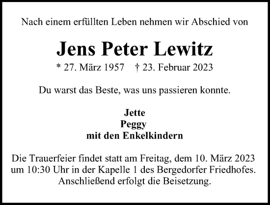 Traueranzeige von Jens Peter Lewitz von Bille Wochenblatt, Bergedorfer Zeitung