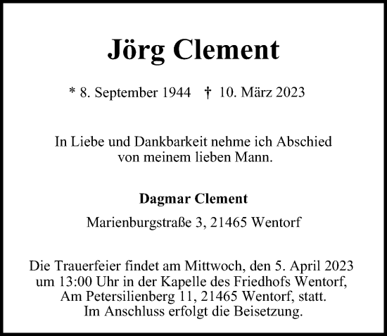 Traueranzeige von Jörg Clement von Bille Wochenblatt, Bergedorfer Zeitung