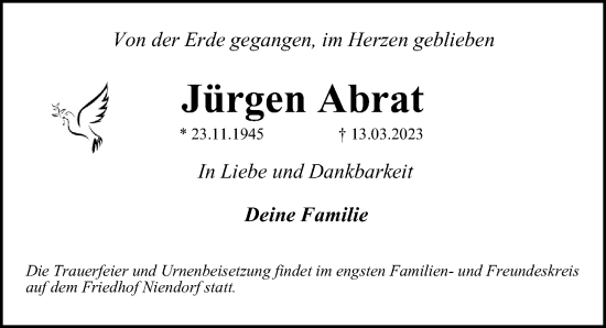 Traueranzeige von Jürgen Abrat von Niendorfer Wochenblatt