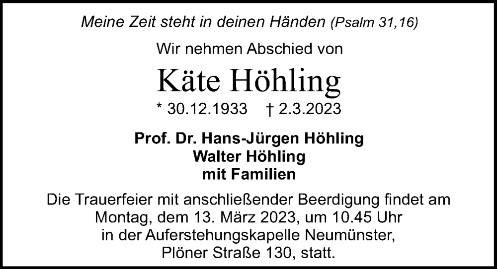  Traueranzeige für Käte Höhling vom 11.03.2023 aus Hamburger Abendblatt