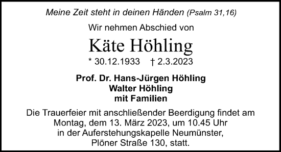 Traueranzeige von Käte Höhling von Hamburger Abendblatt