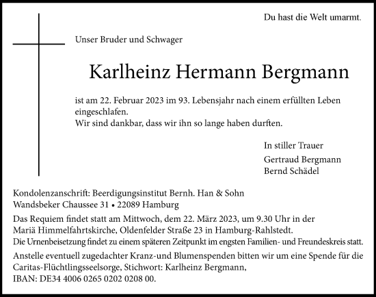 Traueranzeige von Karlheinz Hermann Bergmann von Hamburger Abendblatt