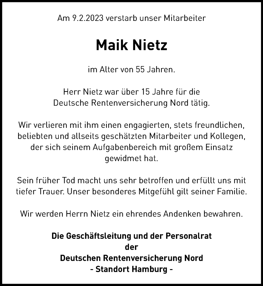  Traueranzeige für Maik Nietz vom 11.03.2023 aus Hamburger Abendblatt