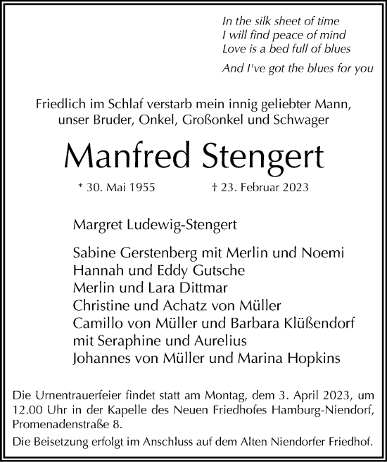 Traueranzeige von Manfred Stengert von Hamburger Abendblatt