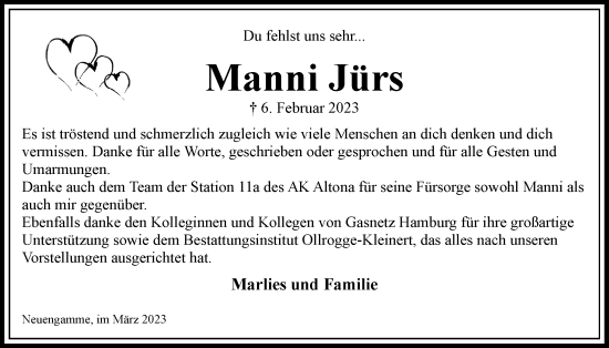 Traueranzeige von Manni Jürs von Bergedorfer Zeitung