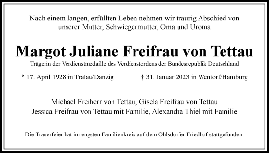 Traueranzeige von Margot Juliane Freifrau von Tettau von Bergedorfer Zeitung