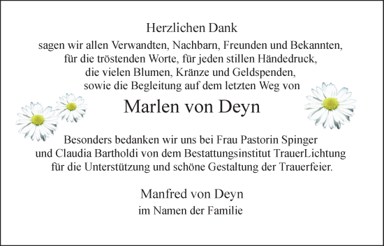 Traueranzeige von Marlen von Deyn von Bille Wochenblatt, Bergedorfer Zeitung