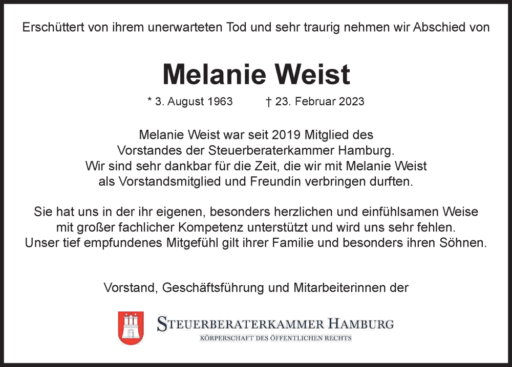  Traueranzeige für Melanie Weist vom 11.03.2023 aus Hamburger Abendblatt