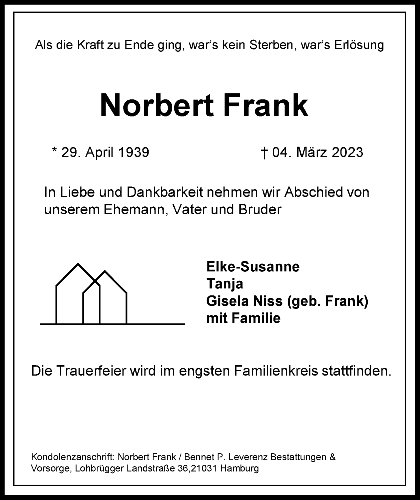  Traueranzeige für Norbert Frank vom 11.03.2023 aus Bergedorfer Zeitung