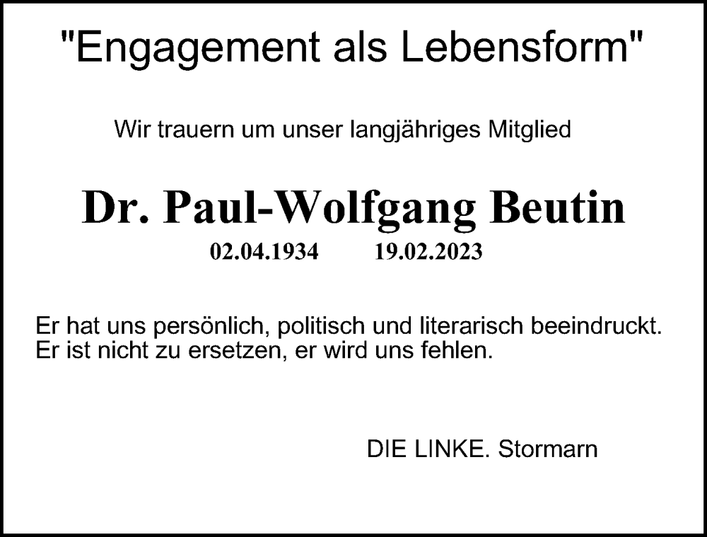  Traueranzeige für Paul-Wolfgang Beutin vom 09.03.2023 aus HA Regio Stormarn
