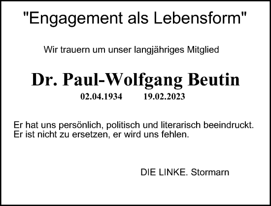 Traueranzeige von Paul-Wolfgang Beutin von HA Regio Stormarn