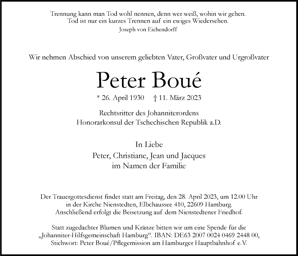  Traueranzeige für Peter Boué vom 25.03.2023 aus Hamburger Abendblatt