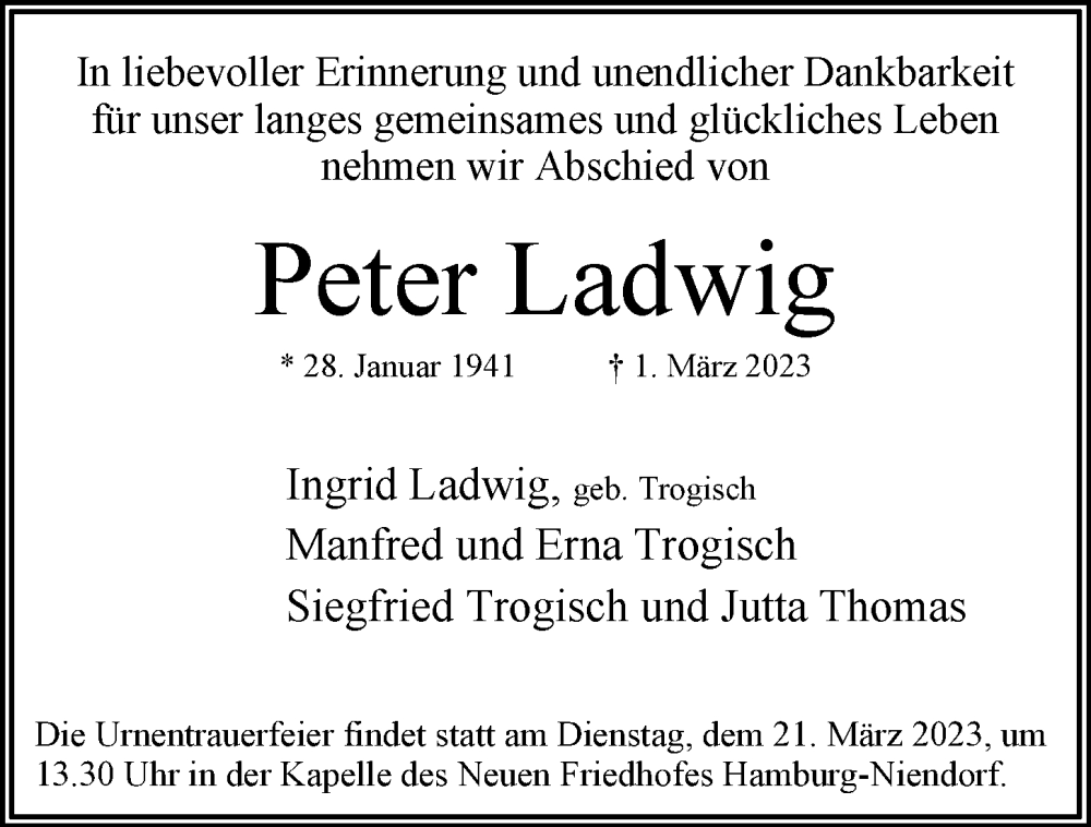  Traueranzeige für Peter Ladwig vom 11.03.2023 aus Niendorfer Wochenblatt