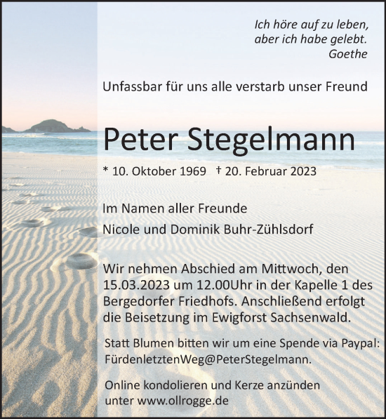 Traueranzeige von Peter Stegelmann von Bille Wochenblatt, Bergedorfer Zeitung