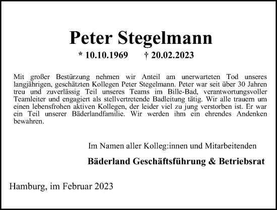 Traueranzeige von Peter Stegelmann von Bergedorfer Zeitung