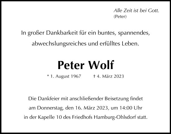 Traueranzeige von Peter Wolf von Niendorfer Wochenblatt