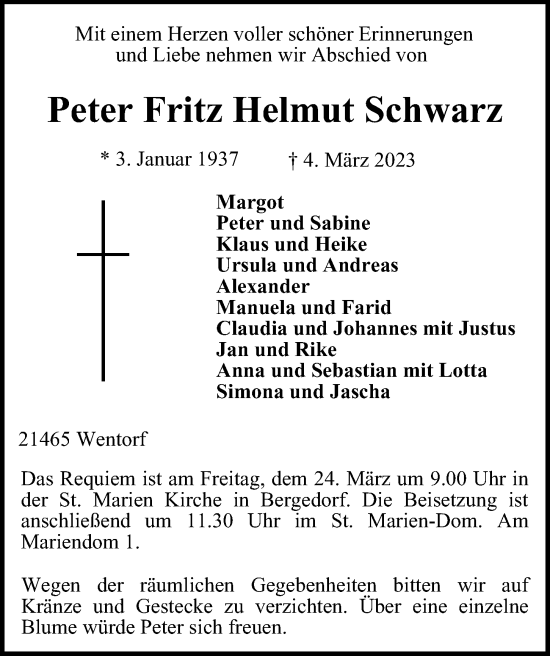 Traueranzeige von Peter Fritz Helmut Schwarz von Bille Wochenblatt, Bergedorfer Zeitung