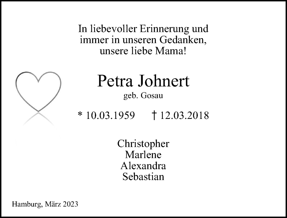  Traueranzeige für Petra Johnert vom 11.03.2023 aus Billstedt/Horn