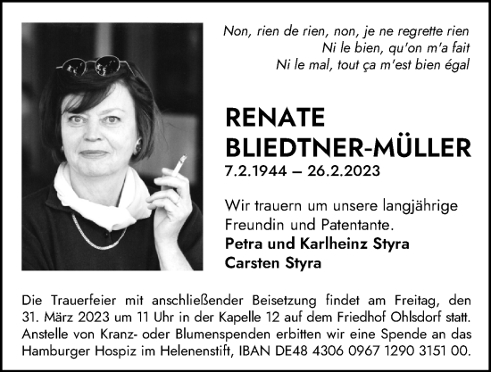 Traueranzeige von Renate Bliedtner-Müller von Hamburger Abendblatt