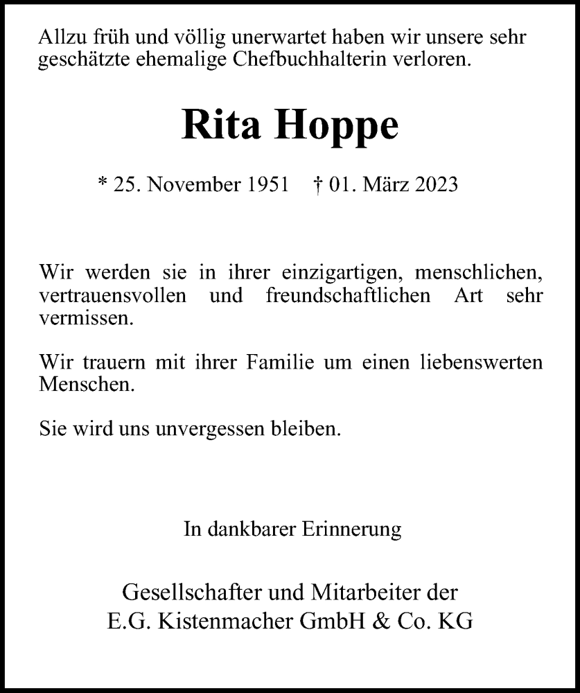  Traueranzeige für Rita Hoppe vom 11.03.2023 aus Hamburger Abendblatt