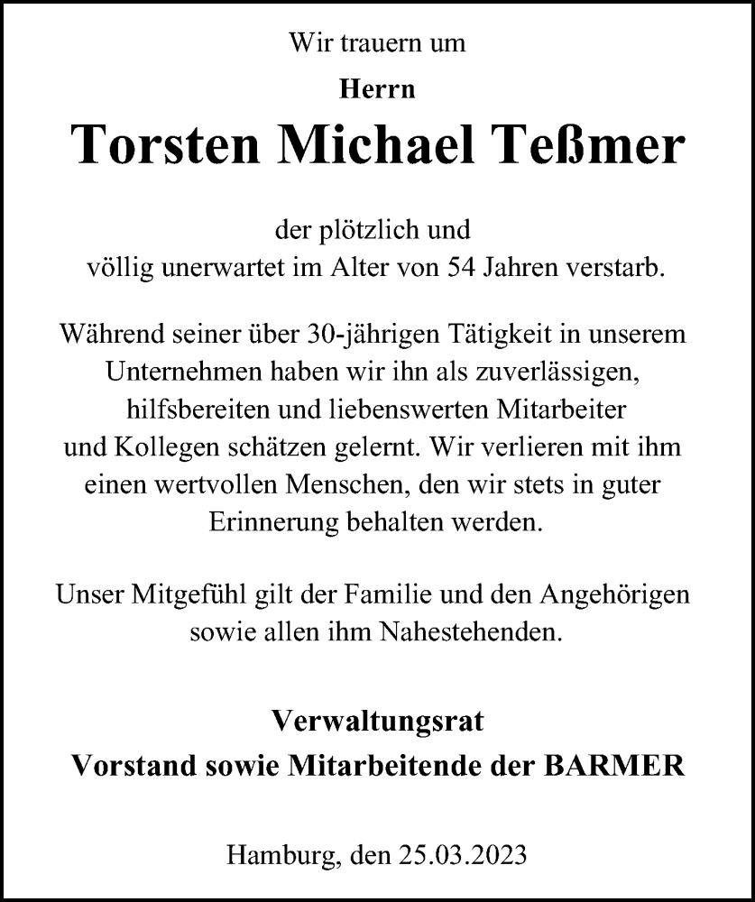  Traueranzeige für Torsten Michael Teßmer vom 25.03.2023 aus Hamburger Abendblatt